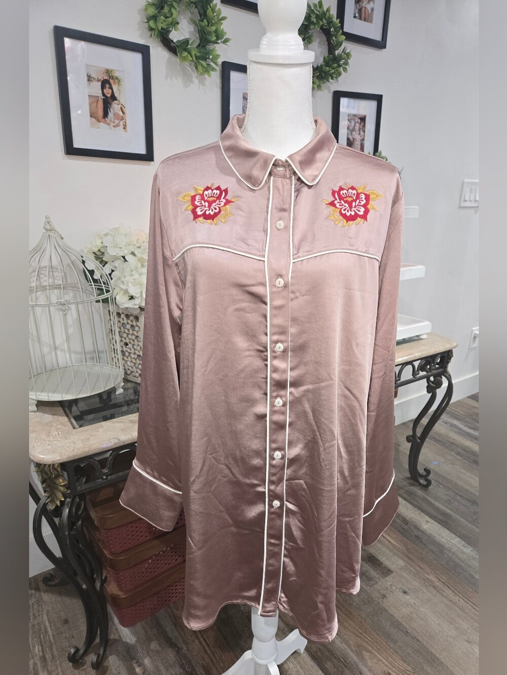 Kacey Lee Women's Satin Sleep Shirt with Long Sleeves